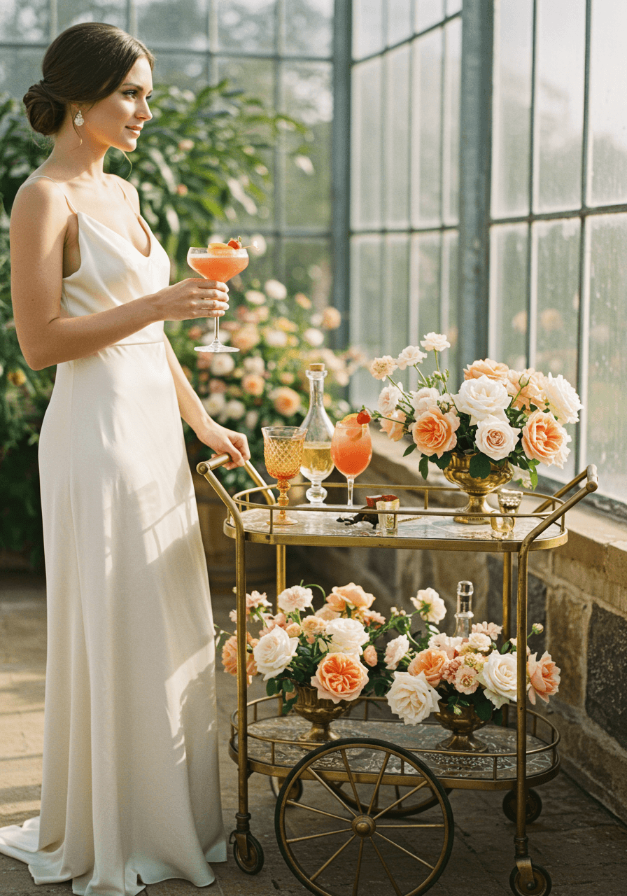 Bride in ivory silk dress holding grapefruit rose paloma cocktail beside vintage brass bar cart with fresh roses in sunlit conservatory
