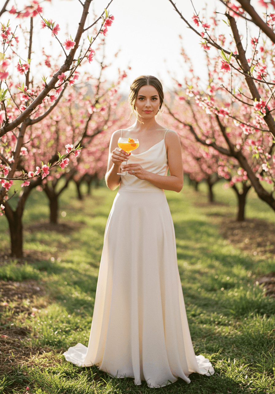 Bride in ivory silk dress holding peach bellini champagne flute among blooming peach trees in sun-dappled orchard at golden hour