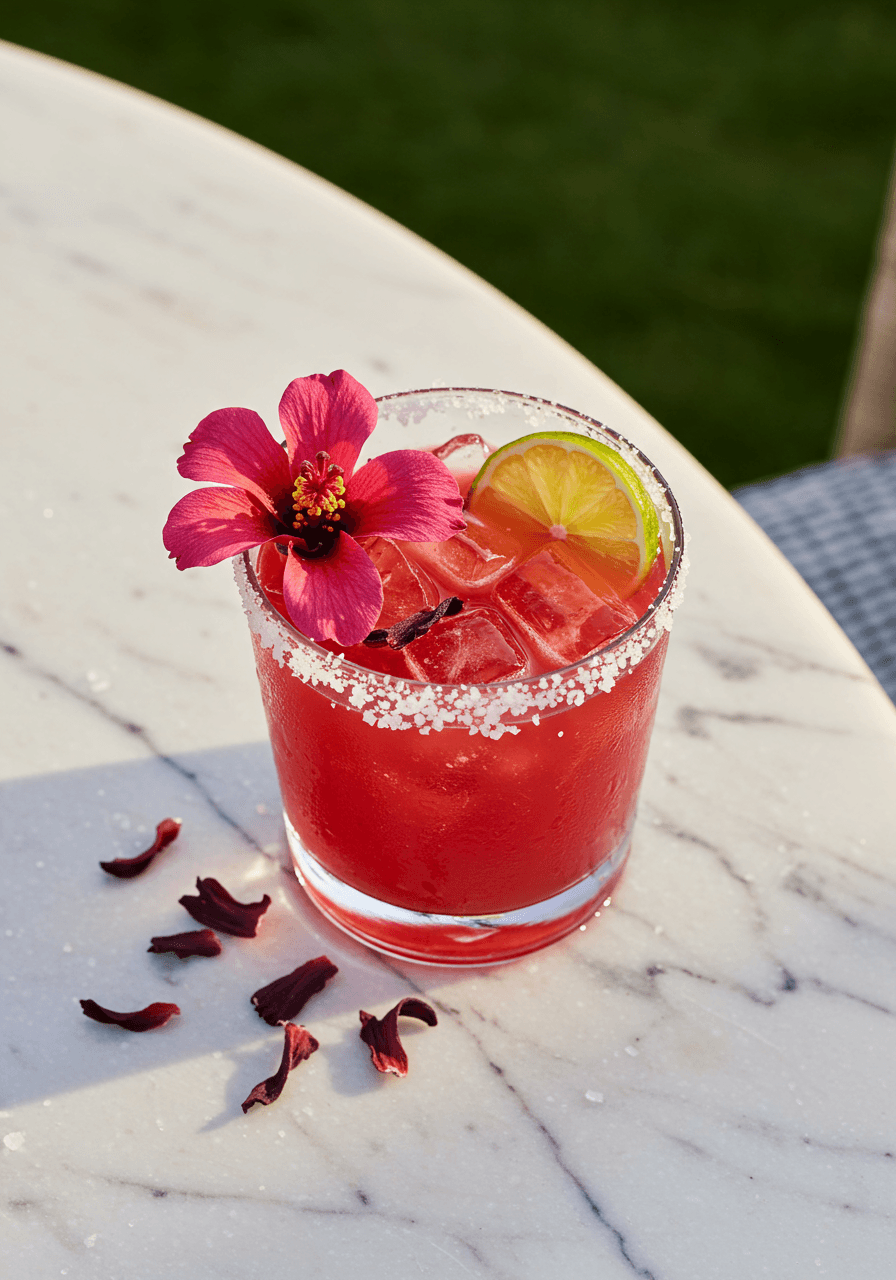 Overhead view of magenta hibiscus margarita with salt rim and fresh garnishes on marble surface