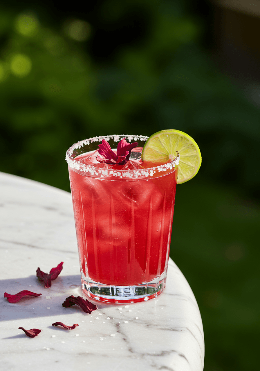 Vibrant hibiscus margarita with fresh hibiscus petals and lime wheel on white marble bar in garden pavilion at golden hour