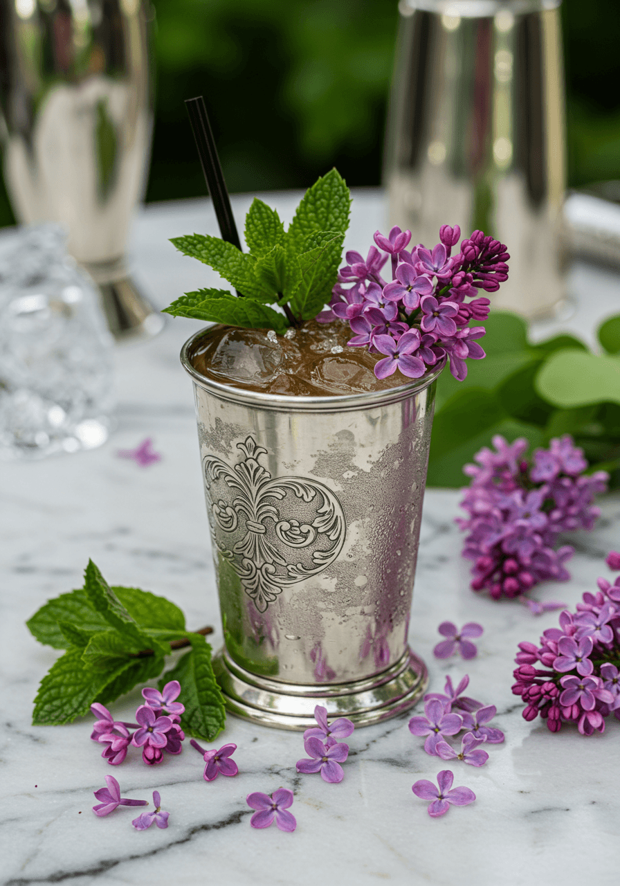 Ornate silver julep cup filled with mint and lilac julep garnished with fresh mint and lilac on white marble bar with scattered petals