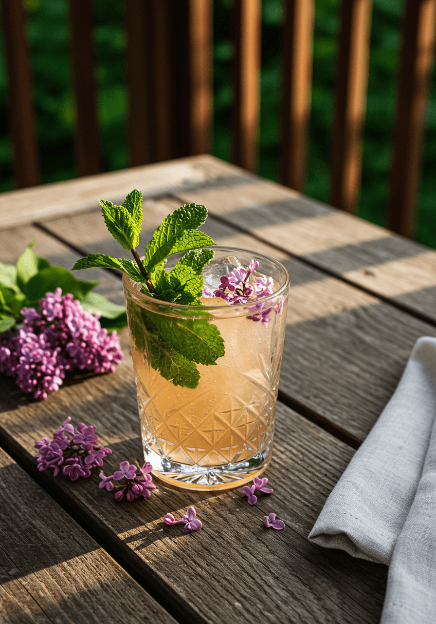 Wide angle view of lilac julep with crushed ice and purple lilac blooms on wooden table surrounded by spring garden elements