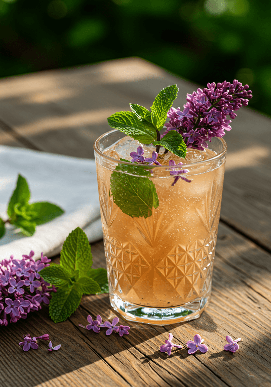 Mint and lilac julep cocktail in crystal glass garnished with fresh mint and lilac flowers on rustic wooden table in sunlit garden pavilion