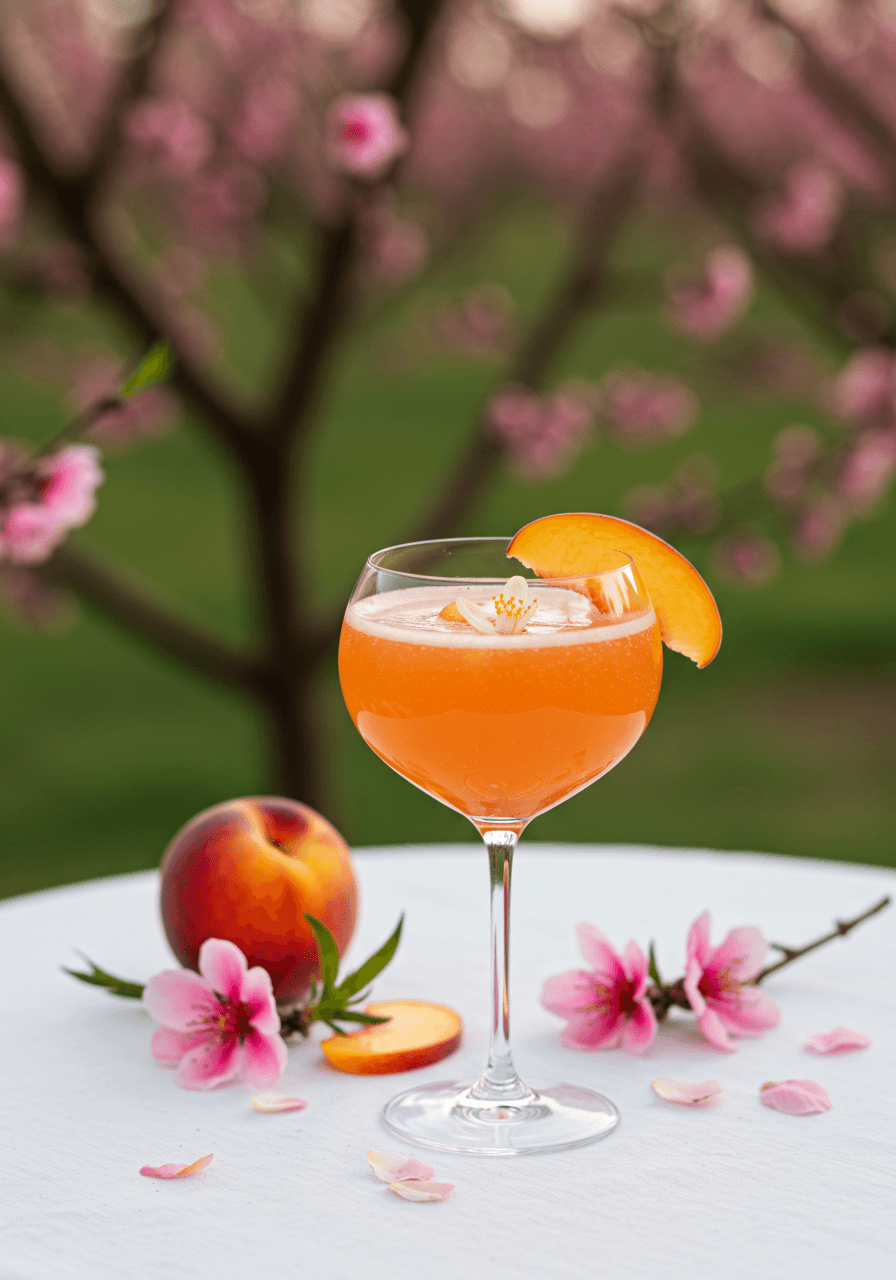 Orange blossom and peach bellini in champagne flute with floating orange blossoms on white linen table in blooming peach orchard at afternoon