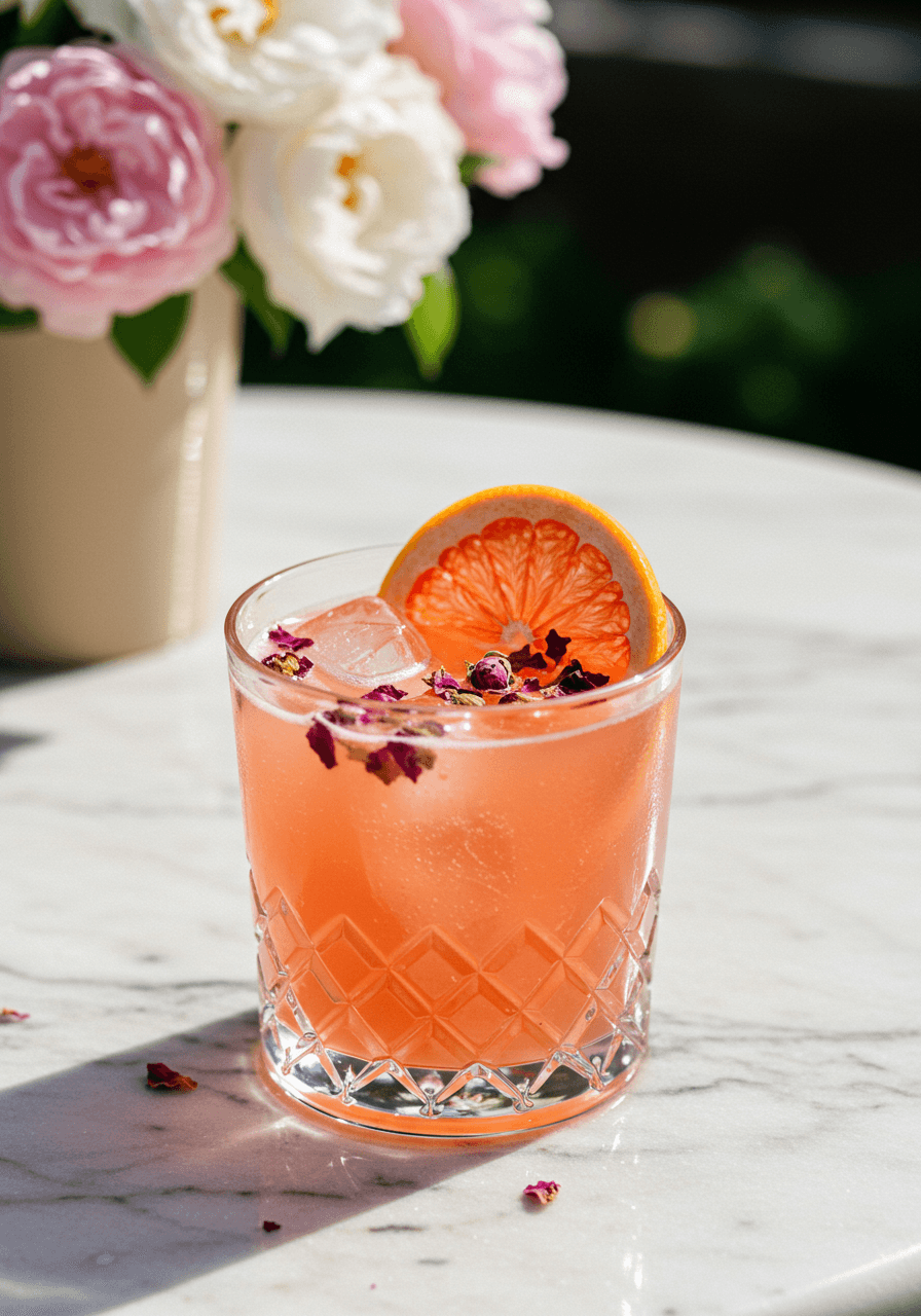 Pink grapefruit and rose paloma cocktail with dried rose petals and grapefruit wheel on white marble bar in elegant garden pavilion