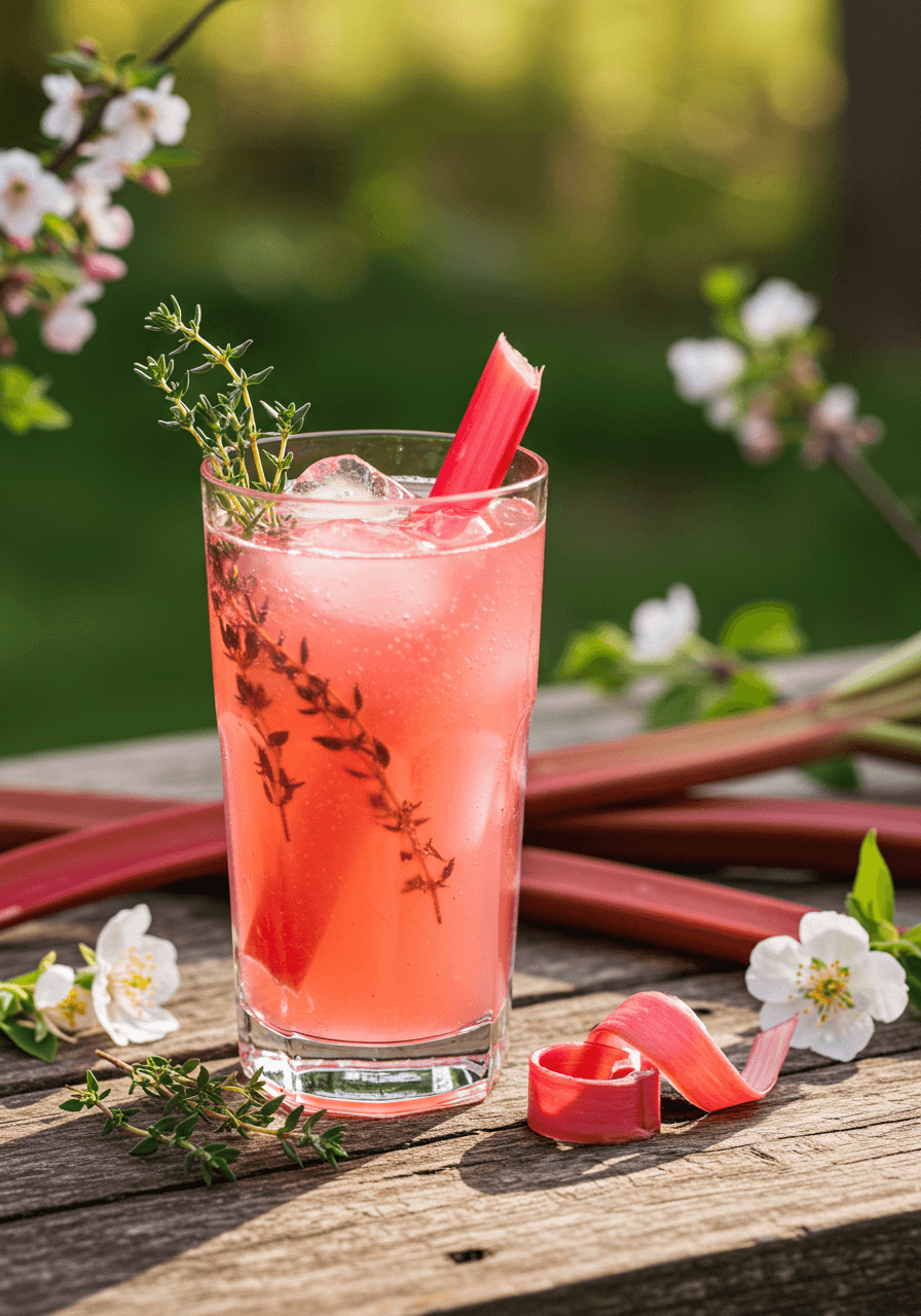 Tall glass filled with pink rhubarb thyme gin fizz garnished with fresh thyme and rhubarb ribbons on rustic wooden table with spring flowers