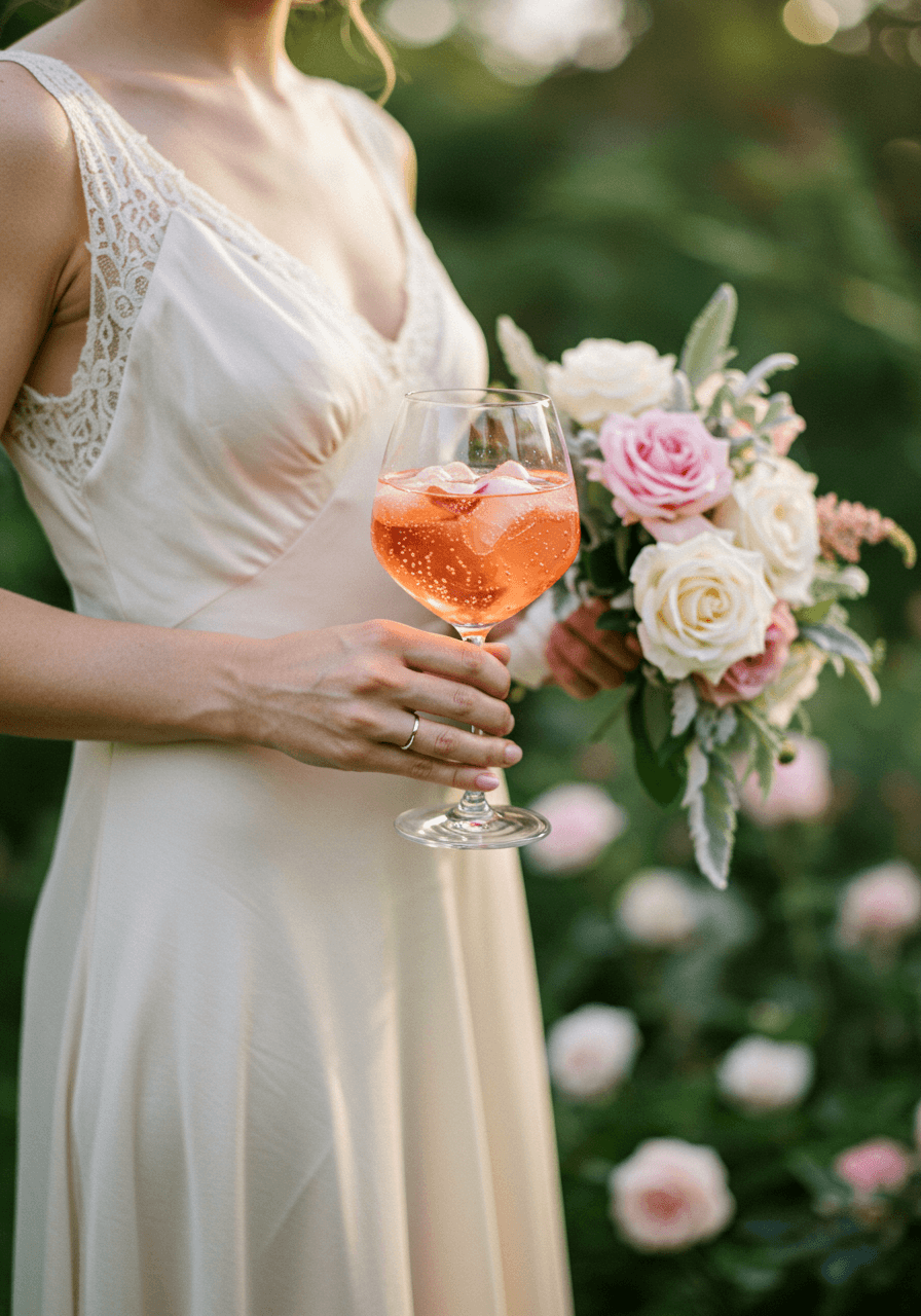 Bride in flowing silk dress holding rose petal gin spritz in blooming garden pavilion at golden hour