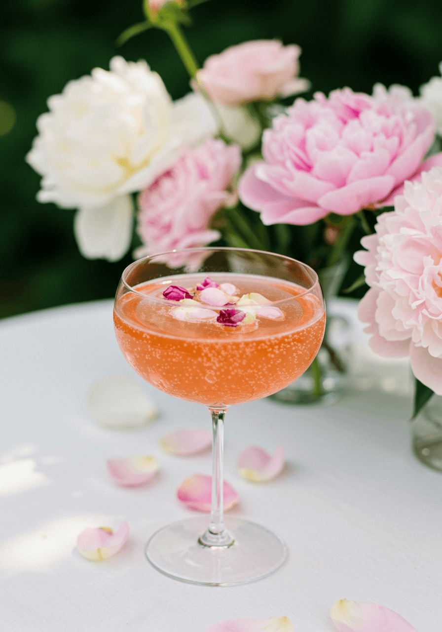 Crystal coupe glass with sparkling rose petal gin cocktail surrounded by peonies on white linen at golden hour
