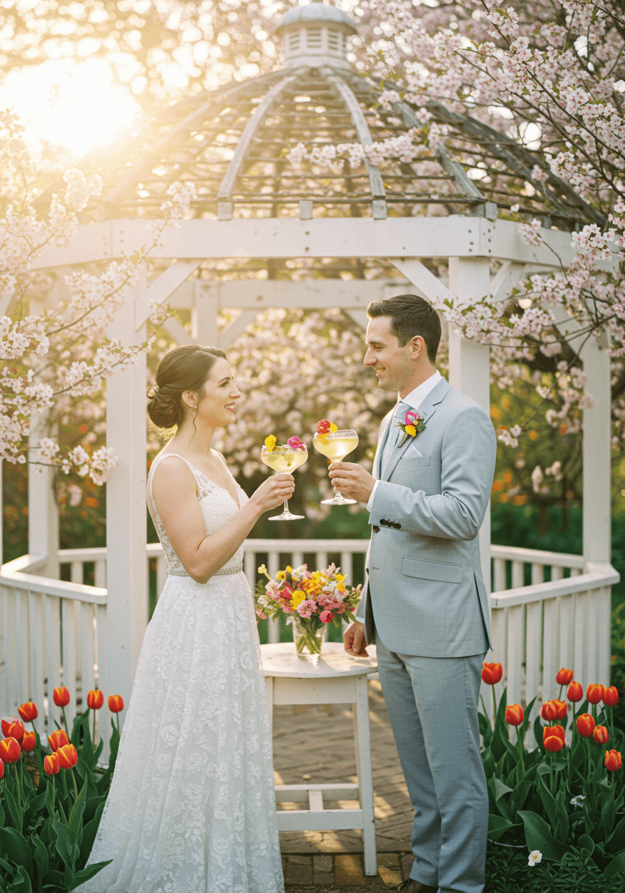 Wedding couple toasting with spring flower gimlet cocktails in blooming garden gazebo surrounded by cherry blossoms and tulips at golden hour