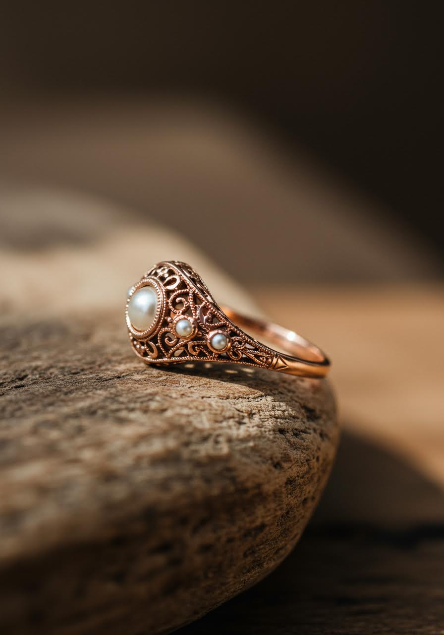 Antique bohemian engagement ring with intricate milgrain detailing and ornate filigree work on weathered driftwood in vintage studio setting