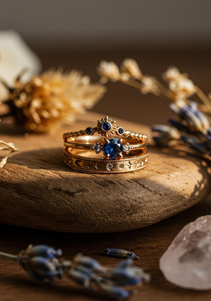Bohemian engagement ring with intricate star and celestial motifs surrounded by crystals and dried wildflowers in golden studio lighting