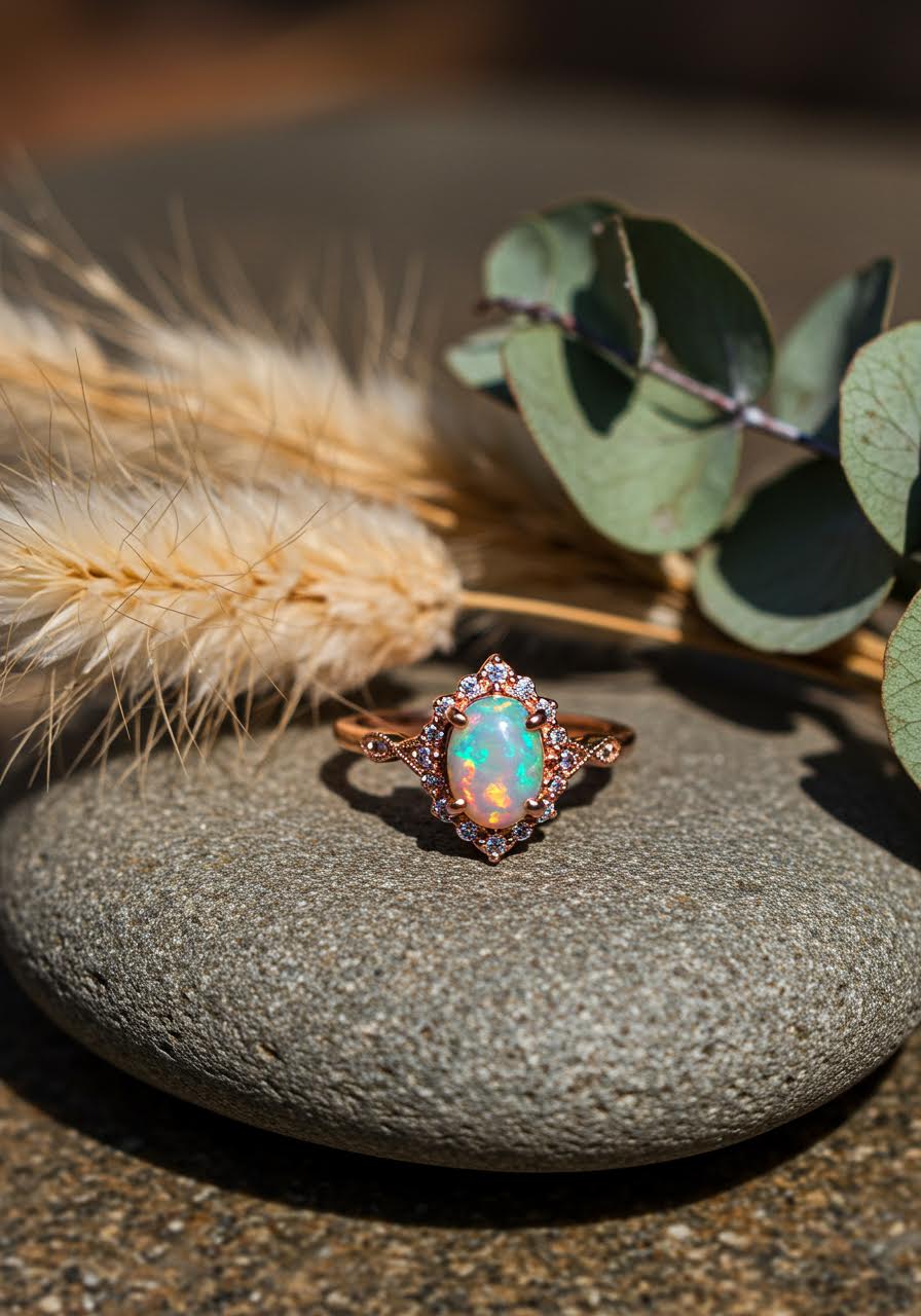 Fire opal bohemian engagement ring in rose gold vintage setting displaying iridescent play of colours on natural river stone
