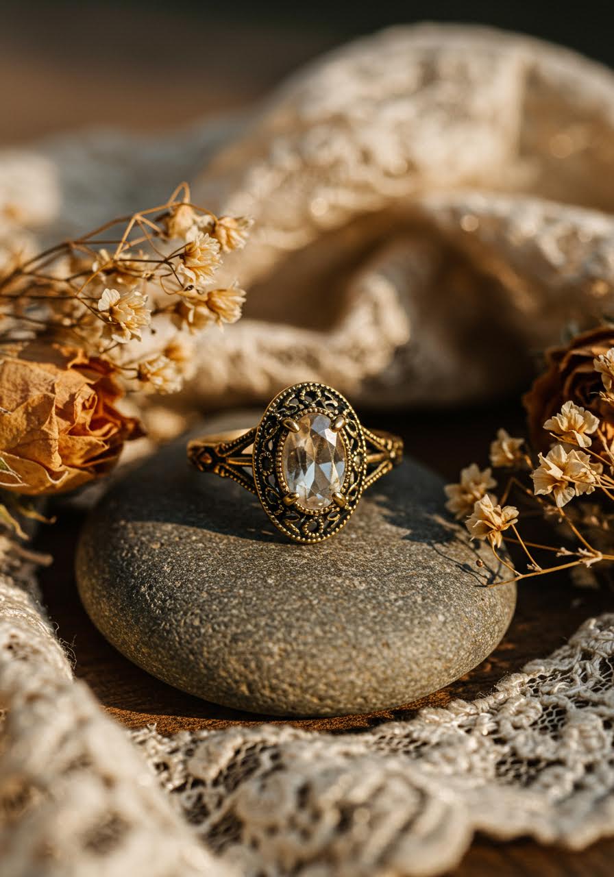 Vintage-inspired bohemian engagement ring with ornate bezel-set oval gemstone photographed with dried wildflowers and antique lace