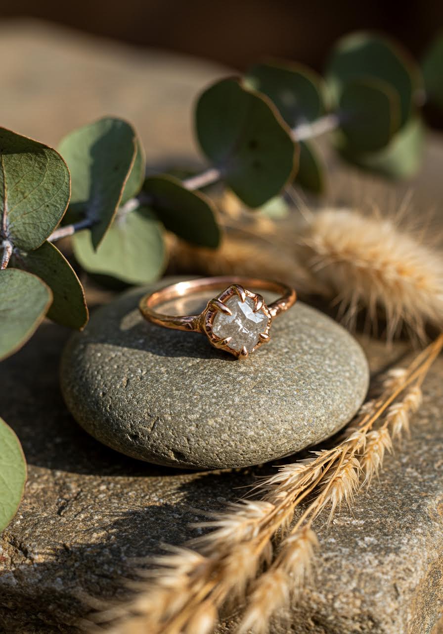 Vintage bohemian engagement ring featuring raw uncut diamond in organic gold setting on river stone with pampas grass