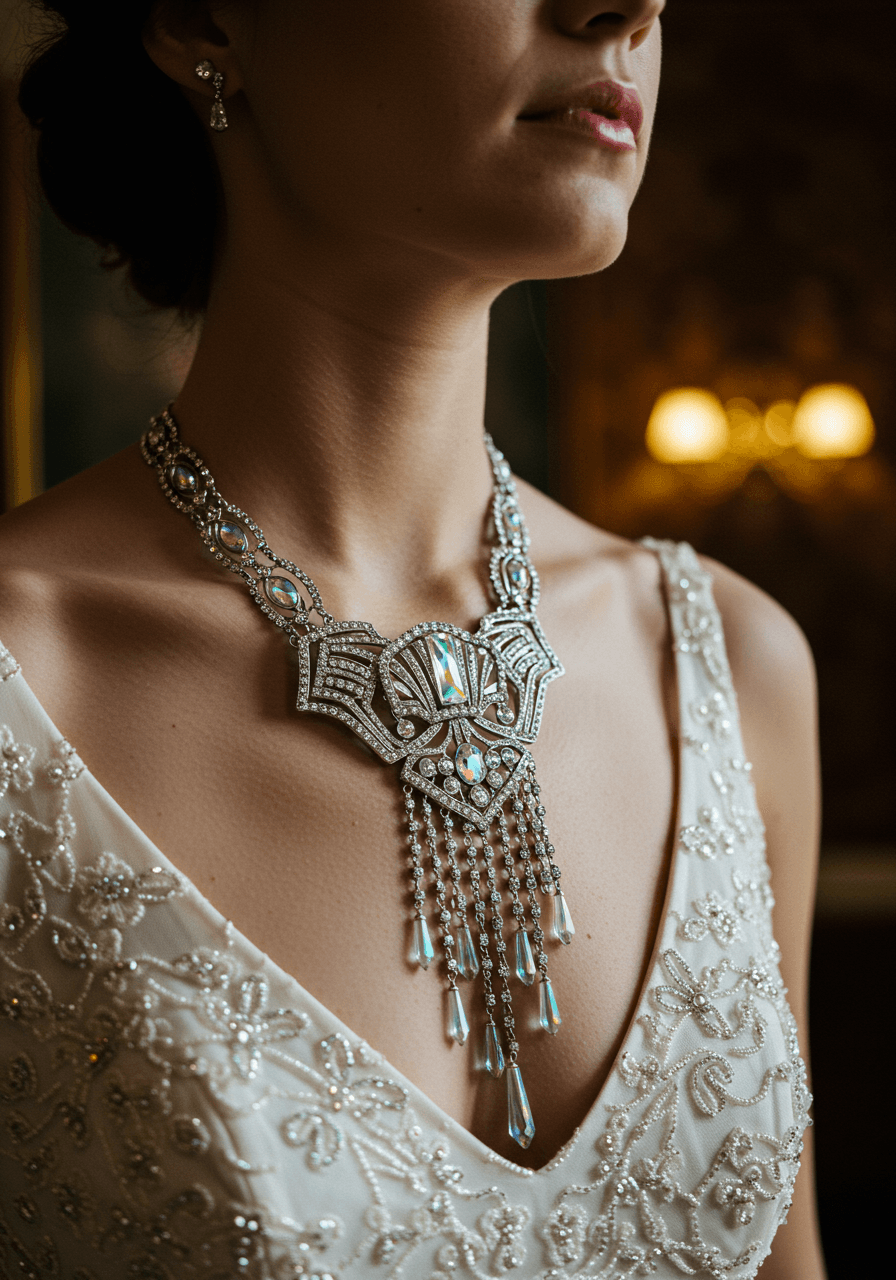 Art Deco crystal fan necklace with geometric patterns and platinum setting in 1920s-inspired suite