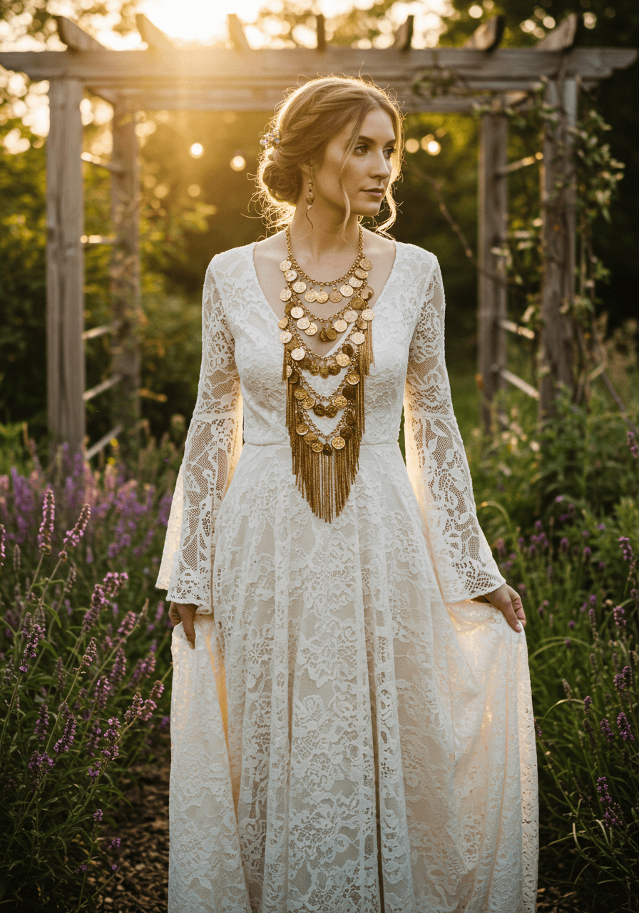 Bride in bohemian lace wedding dress showcasing multi-tiered gold fringe necklace in rustic garden courtyard