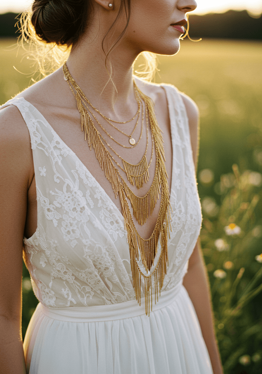 Bride in flowing lace dress with bell sleeves and gold fringe necklace turning in wildflower field