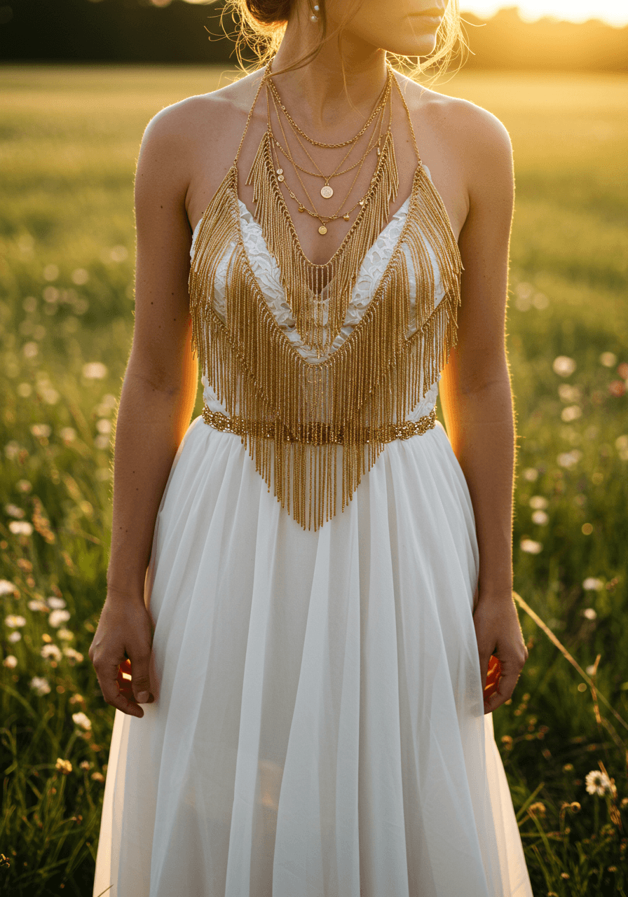 Bohemian bride wearing layered gold fringe necklaces in sunlit meadow with wildflowers during golden hour