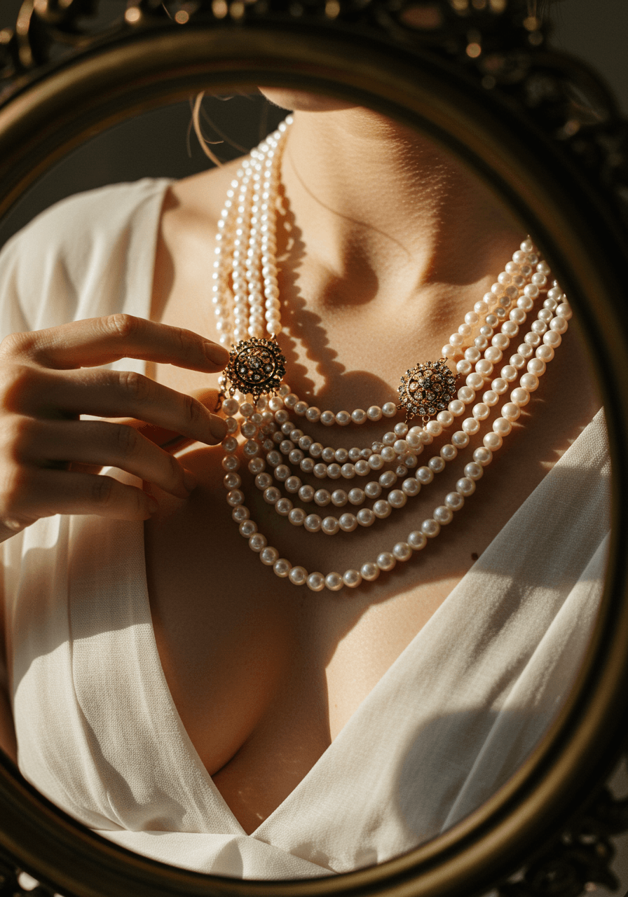 Close-up of multi-strand pearl necklace with graduated pearls and ornate clasp in warm golden hour light