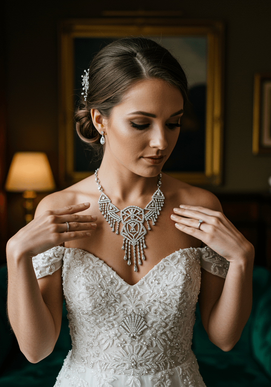 Bride holding Art Deco crystal fan necklace with geometric patterns in luxurious 1920s mansion parlour