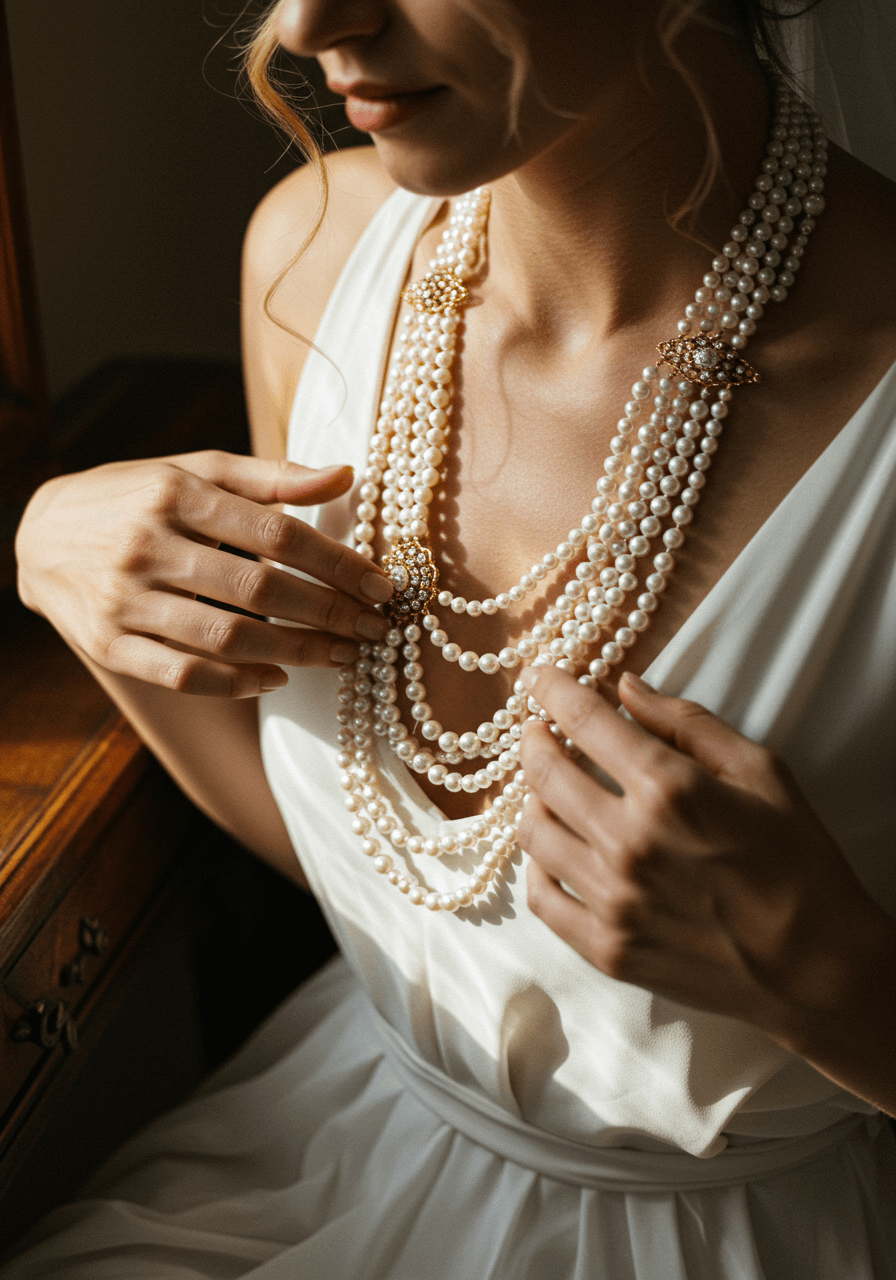 Bride adjusting pearl bib necklace at antique brass vanity mirror in warm golden lighting