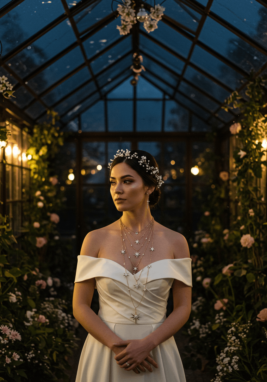 Bride in off-shoulder gown wearing graduated celestial starburst necklace in moonlit garden conservatory at twilight
