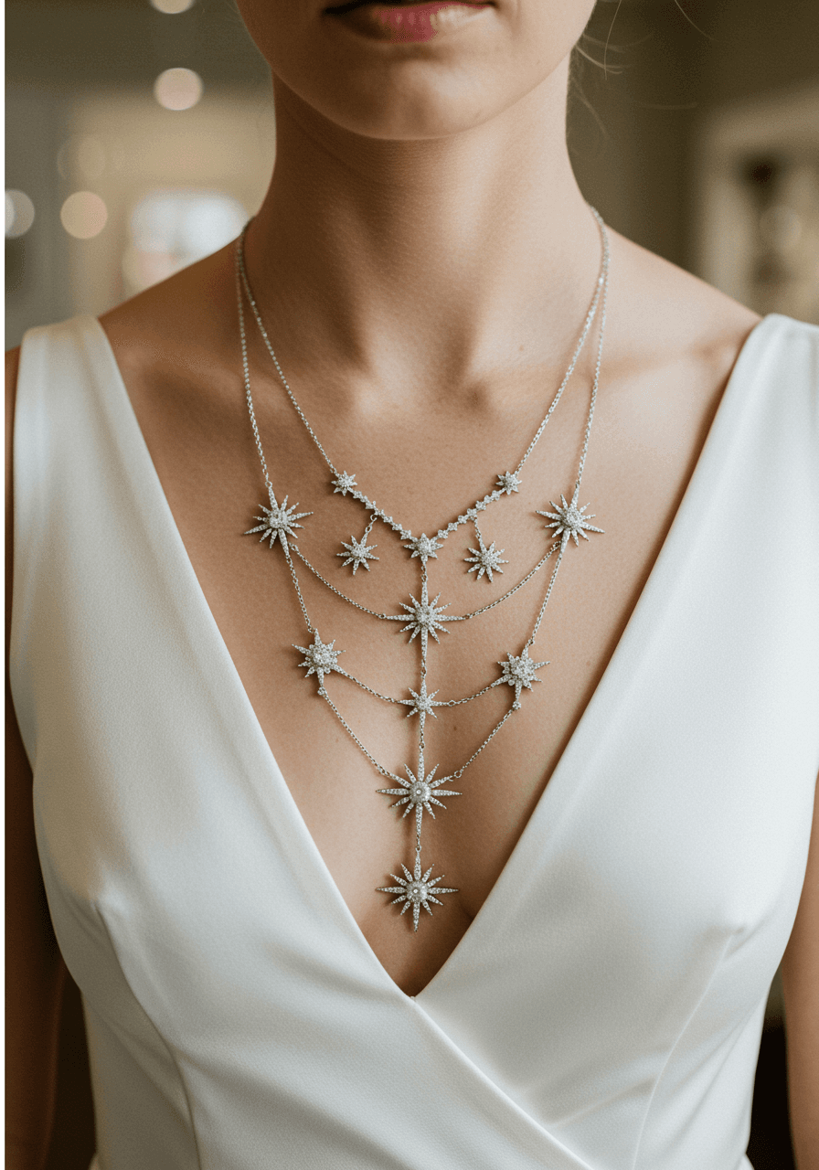 Bride wearing multi-tiered celestial starburst necklace with graduated pendants in elegant boutique
