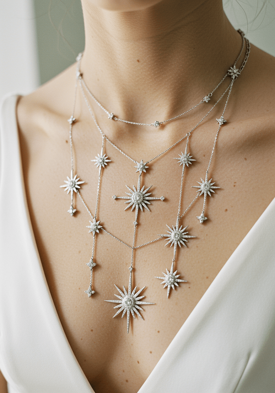 Close-up of celestial starburst necklace with multiple diamond pendants cascading on bride's chest in natural light