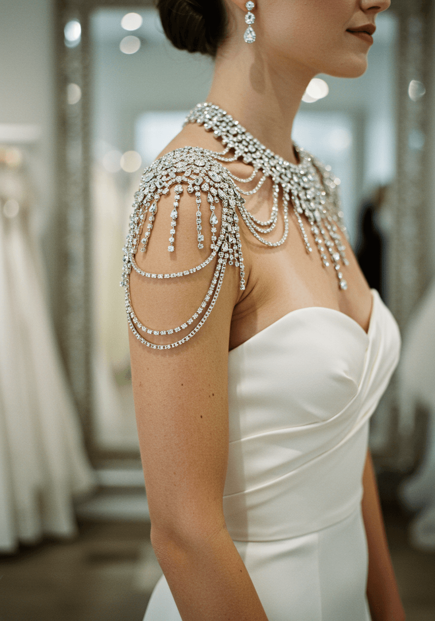 Bride wearing crystal-encrusted shoulder epaulette necklace draped across bare shoulders in mirrored boutique