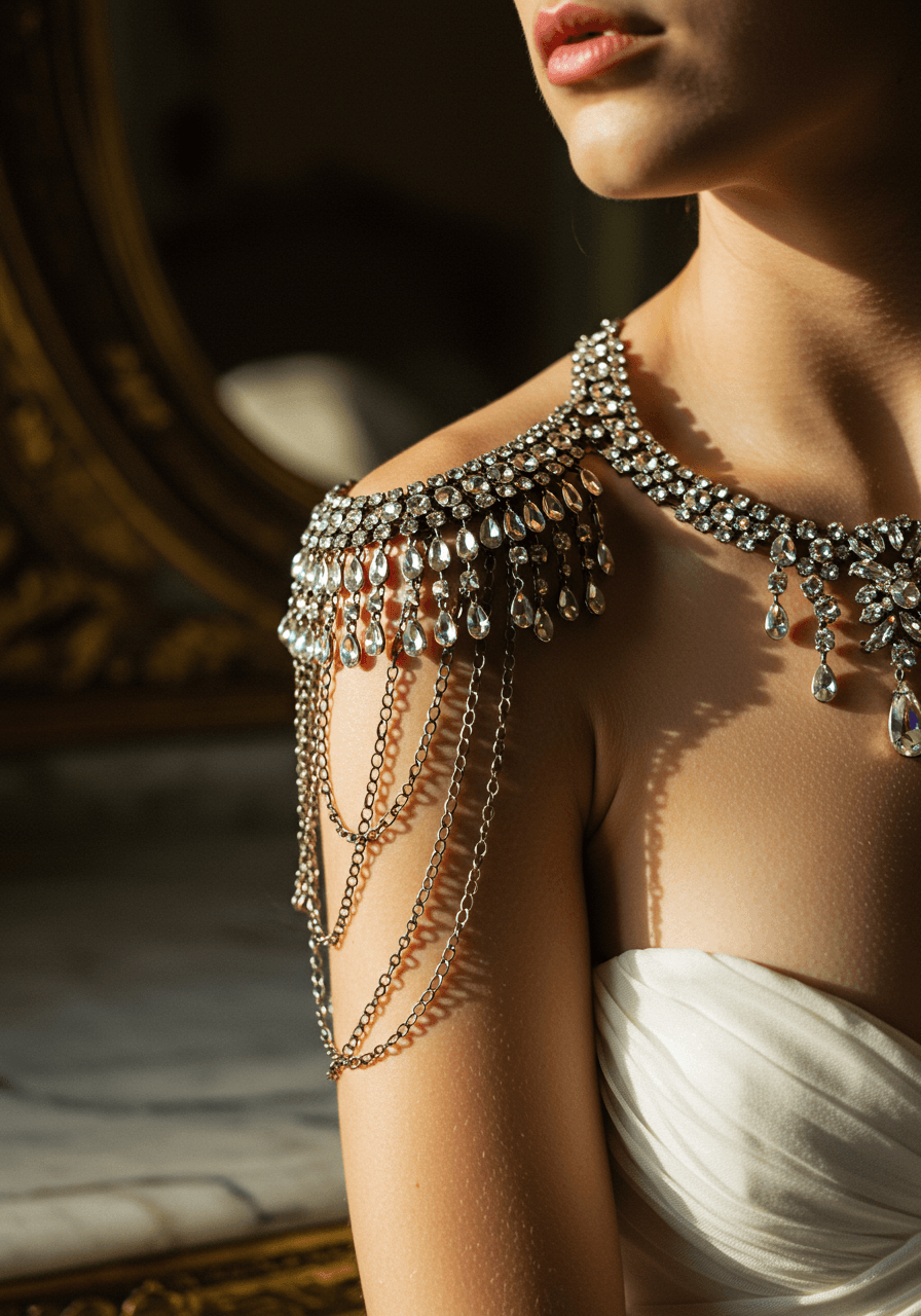 Close-up of ornate crystal epaulette necklace with multi-tiered chains on bride's shoulder in golden hour