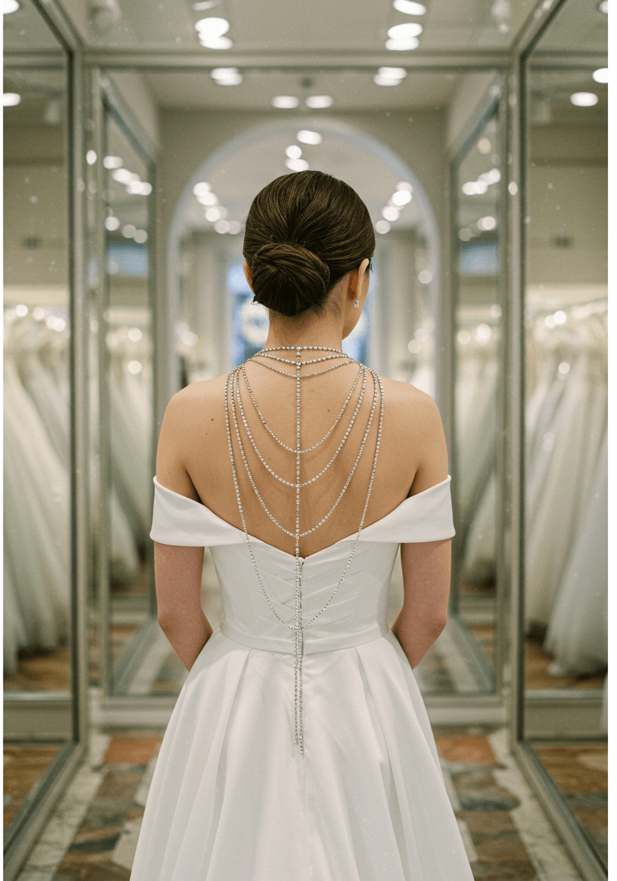 Bride in off-shoulder gown with intricate crystal backdrop necklace cascading down her back in mirrored boutique