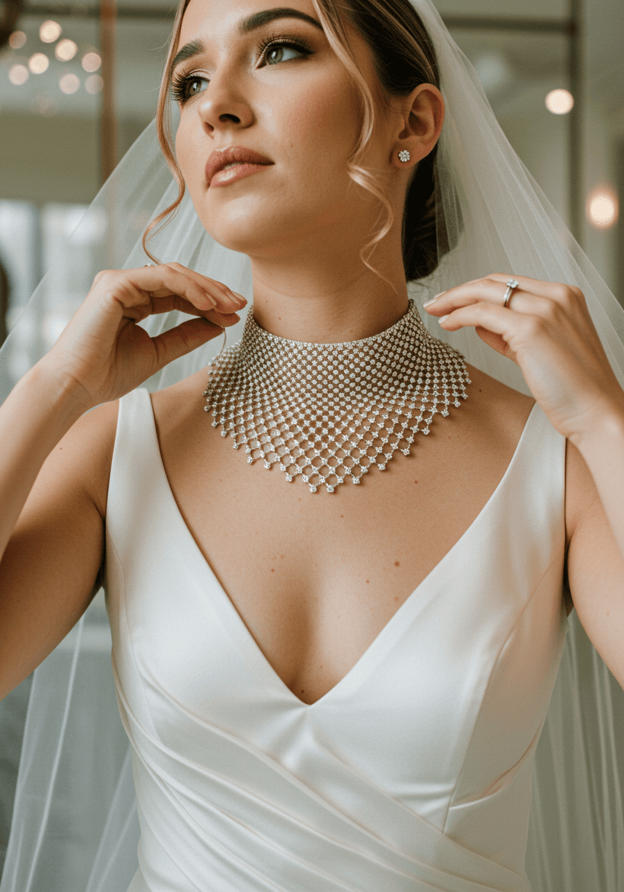 Elegant bride adjusting veil whilst wearing sparkling diamond mesh collar necklace in afternoon light