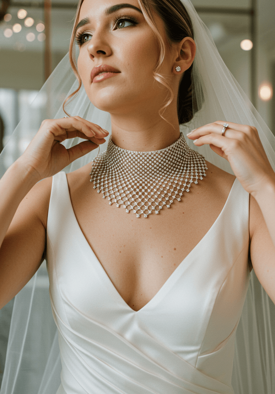 Elegant bride adjusting veil whilst wearing sparkling diamond mesh collar necklace in afternoon light