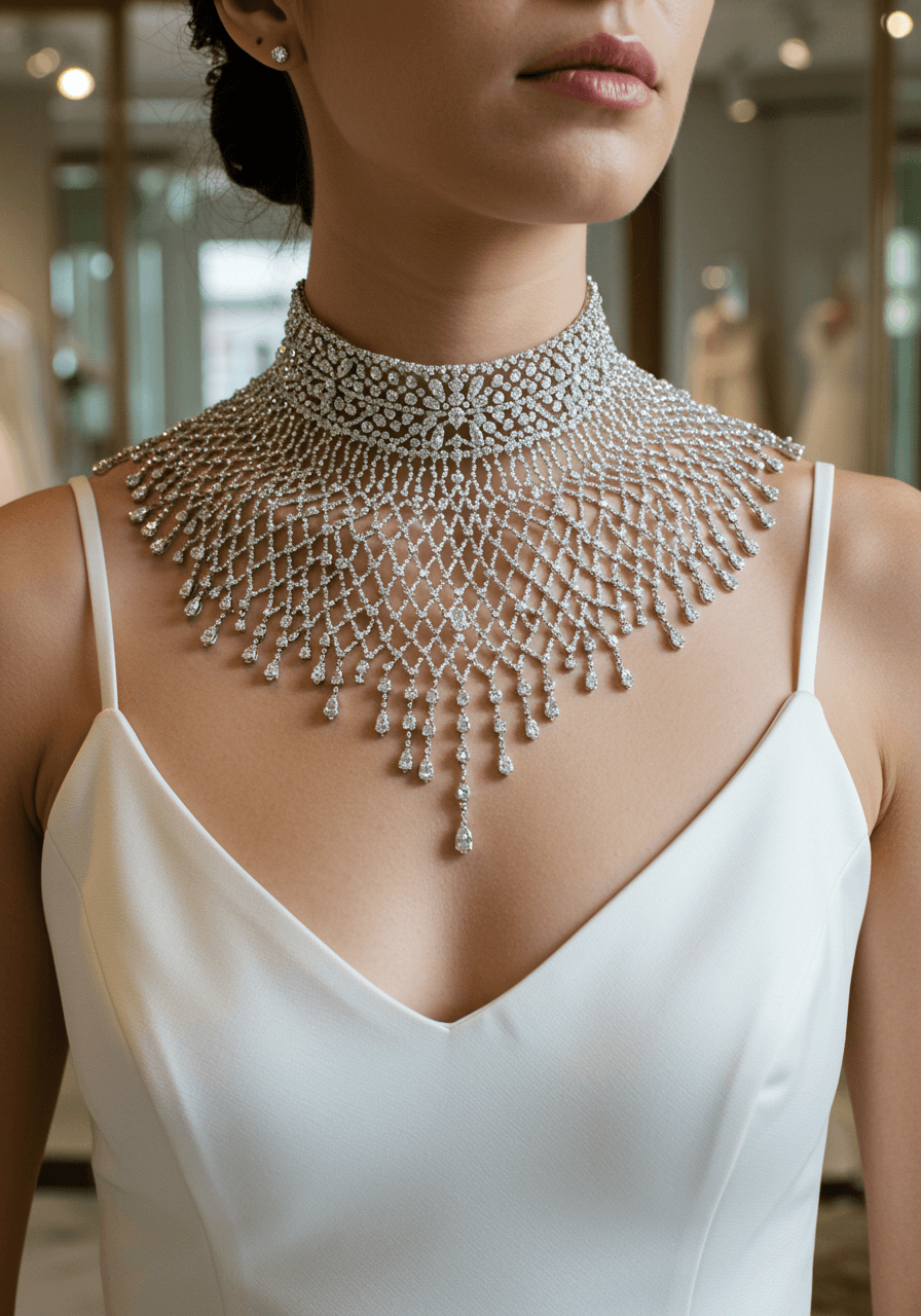 Bride wearing high-neck diamond mesh collar necklace in luxury bridal boutique with floor-to-ceiling mirrors