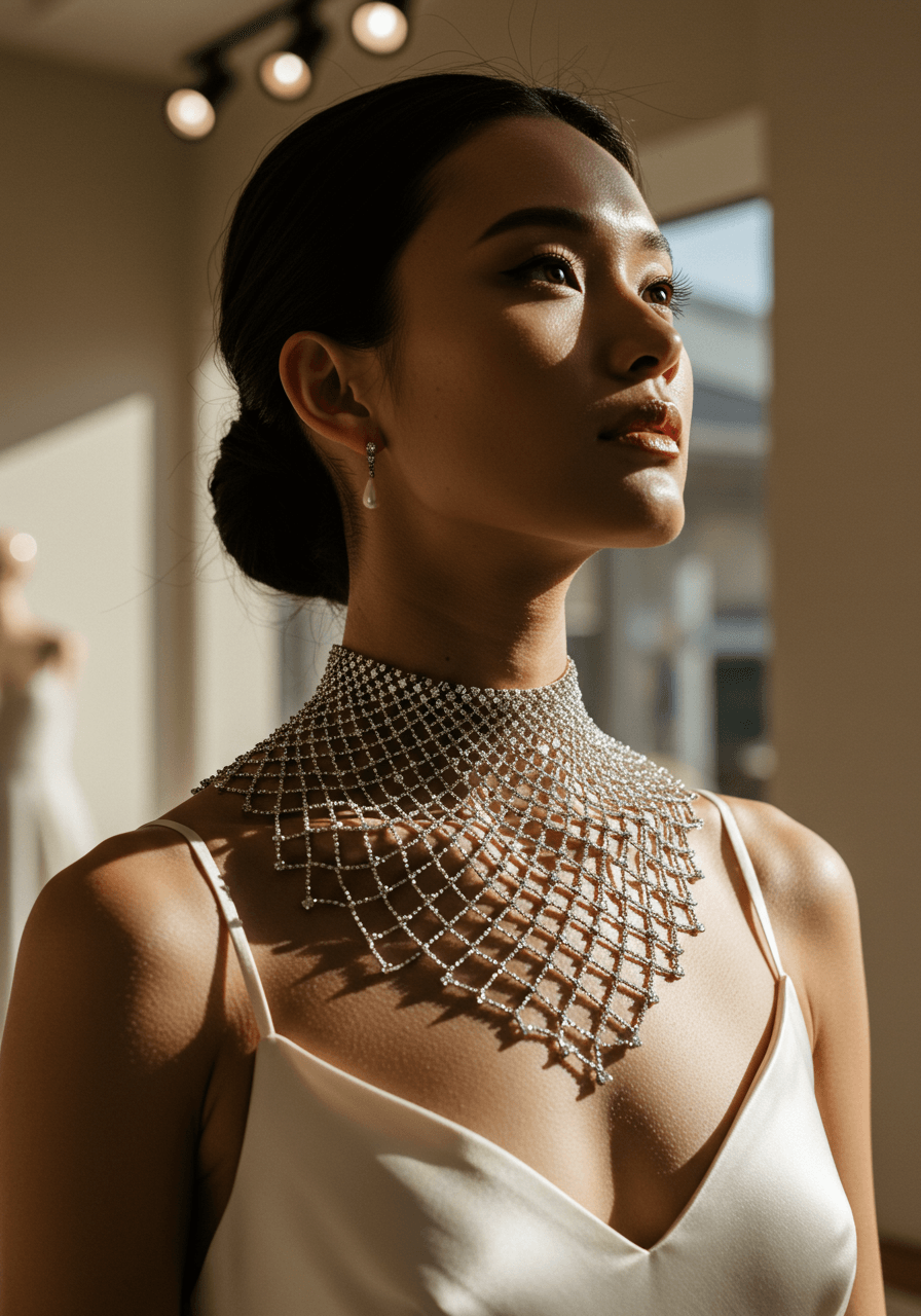 Full-length portrait of elegant bride showcasing high-neck diamond mesh necklace in luxurious boutique