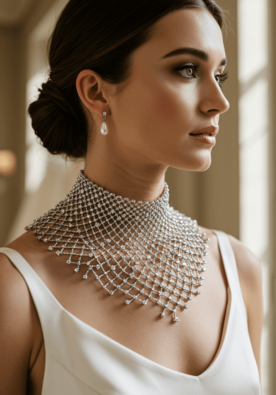Three-quarter shot of bride in minimalist gown wearing geometric diamond mesh collar during golden hour