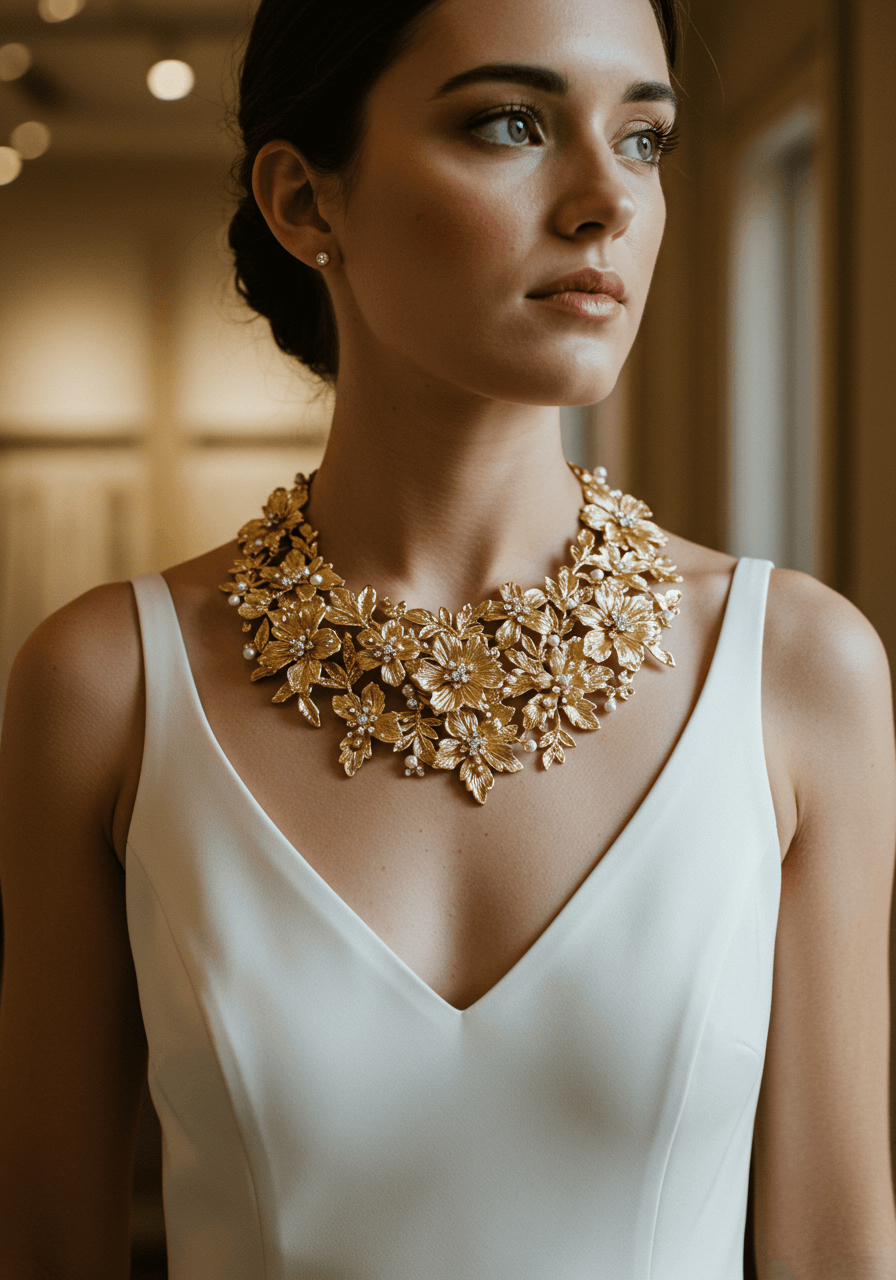 Bride in white gown wearing oversized gold floral collar necklace in luxurious boutique with soft afternoon light