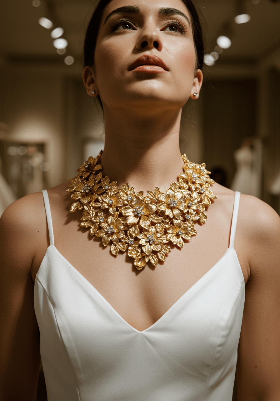 Bride showcasing dramatic gold floral collar necklace with botanical motifs against ivory silk gown