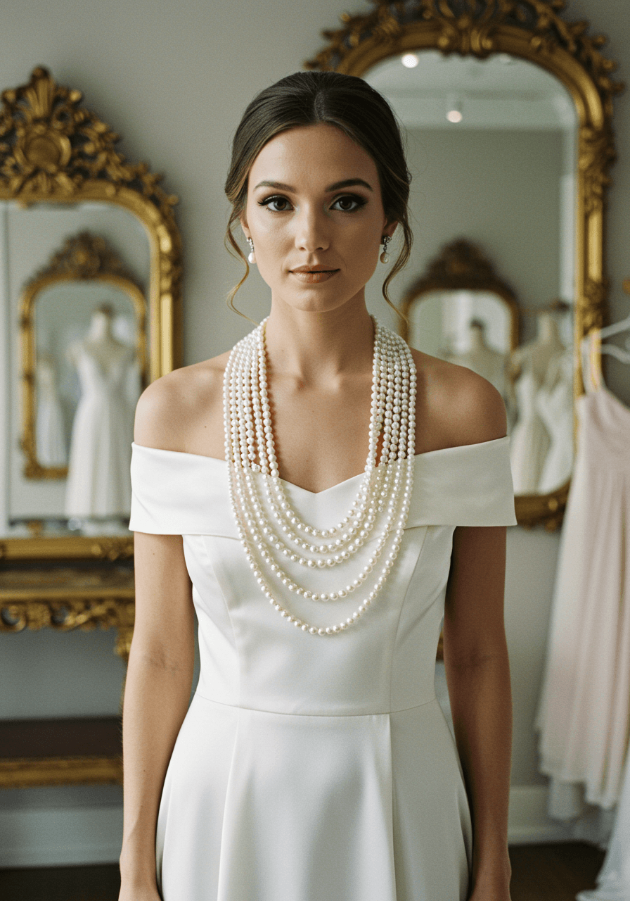 Bride in off-shoulder gown wearing dramatic multi-strand pearl bib necklace in luxurious boutique with vintage mirrors