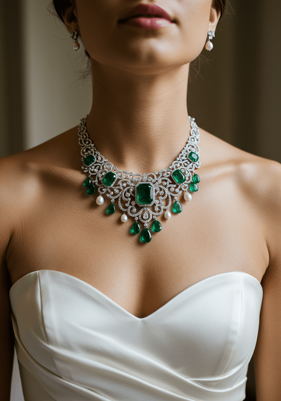 Bride wearing emerald and diamond choker with intricate platinum setting against strapless ivory gown