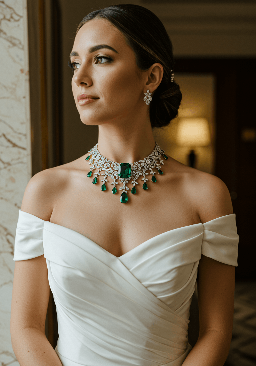 Bride in off-shoulder gown wearing emerald and diamond choker necklace in luxurious hotel suite