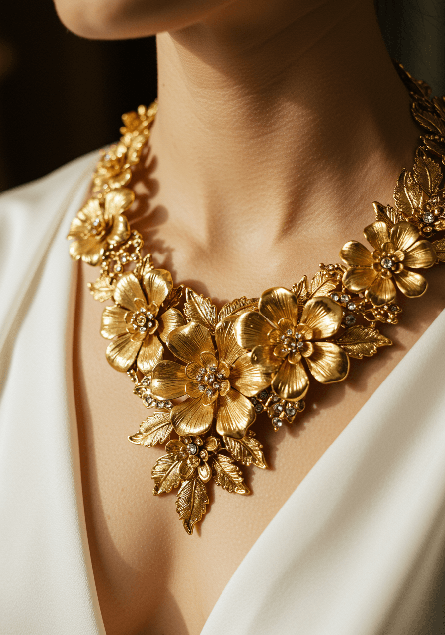 Close-up of oversized gold floral collar showing intricate metalwork and botanical design on bride's décolletage