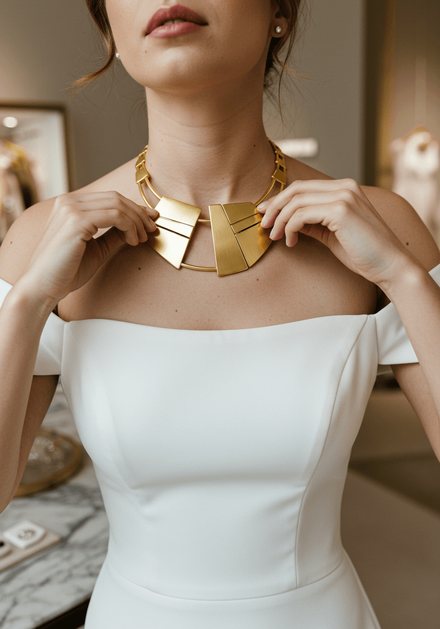 Detail shot of modern gold torque showing polished and brushed finishes against minimalist wedding gown