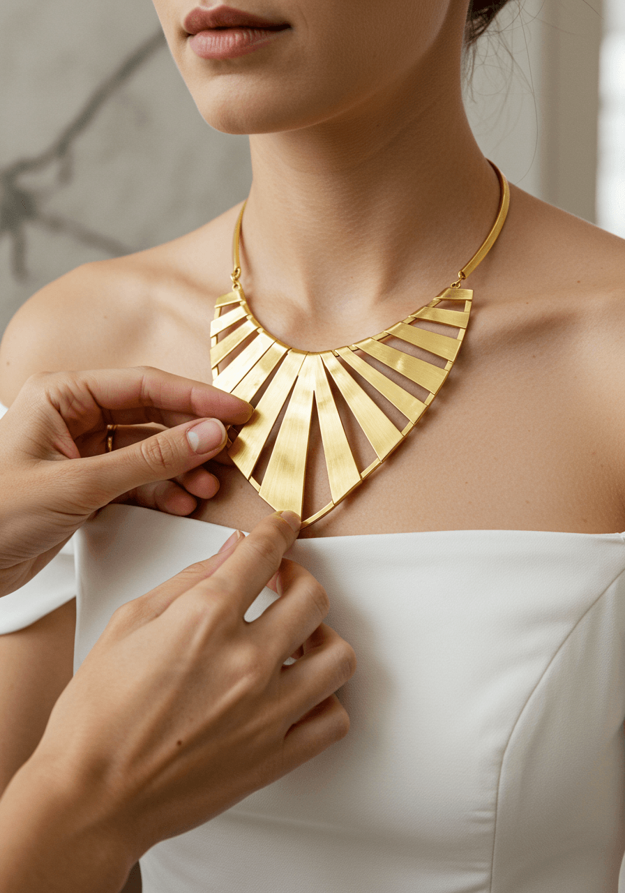 Close-up of hands adjusting sculptural gold torque necklace with geometric cutouts and mixed metal finishes