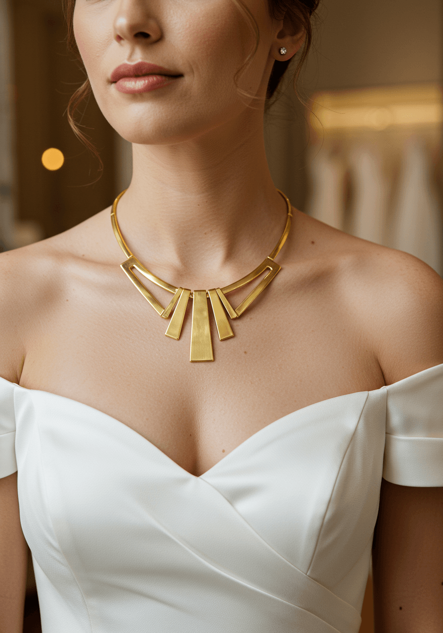 Bride in off-shoulder gown wearing modern sculptural gold torque necklace with geometric lines in luxury boutique