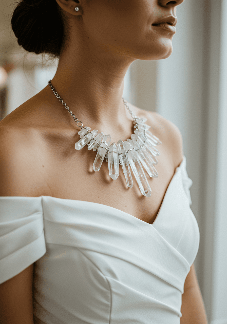 Bride in off-shoulder gown wearing dramatic raw quartz crystal cluster necklace in modern bridal boutique