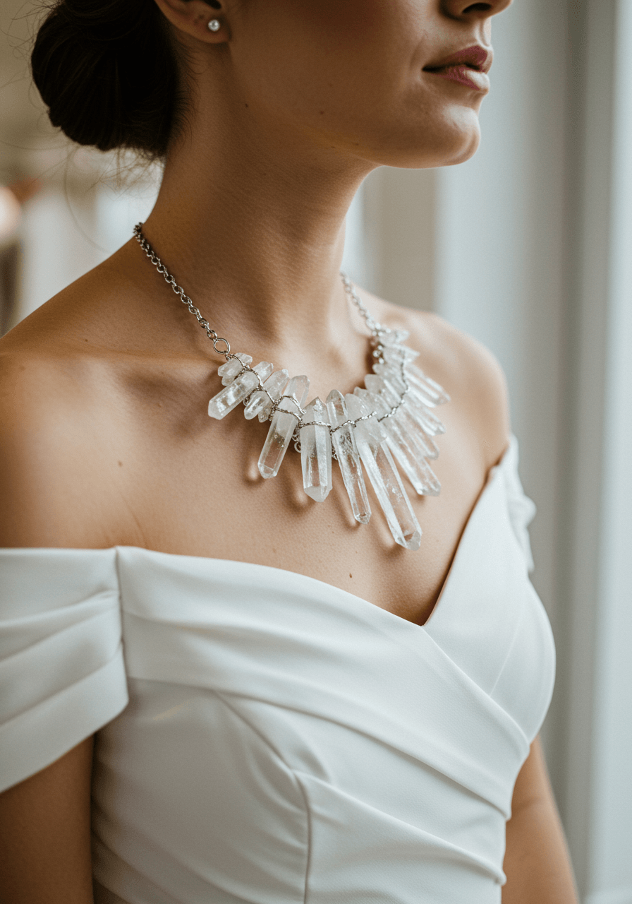 Bride in off-shoulder gown wearing dramatic raw quartz crystal cluster necklace in modern bridal boutique