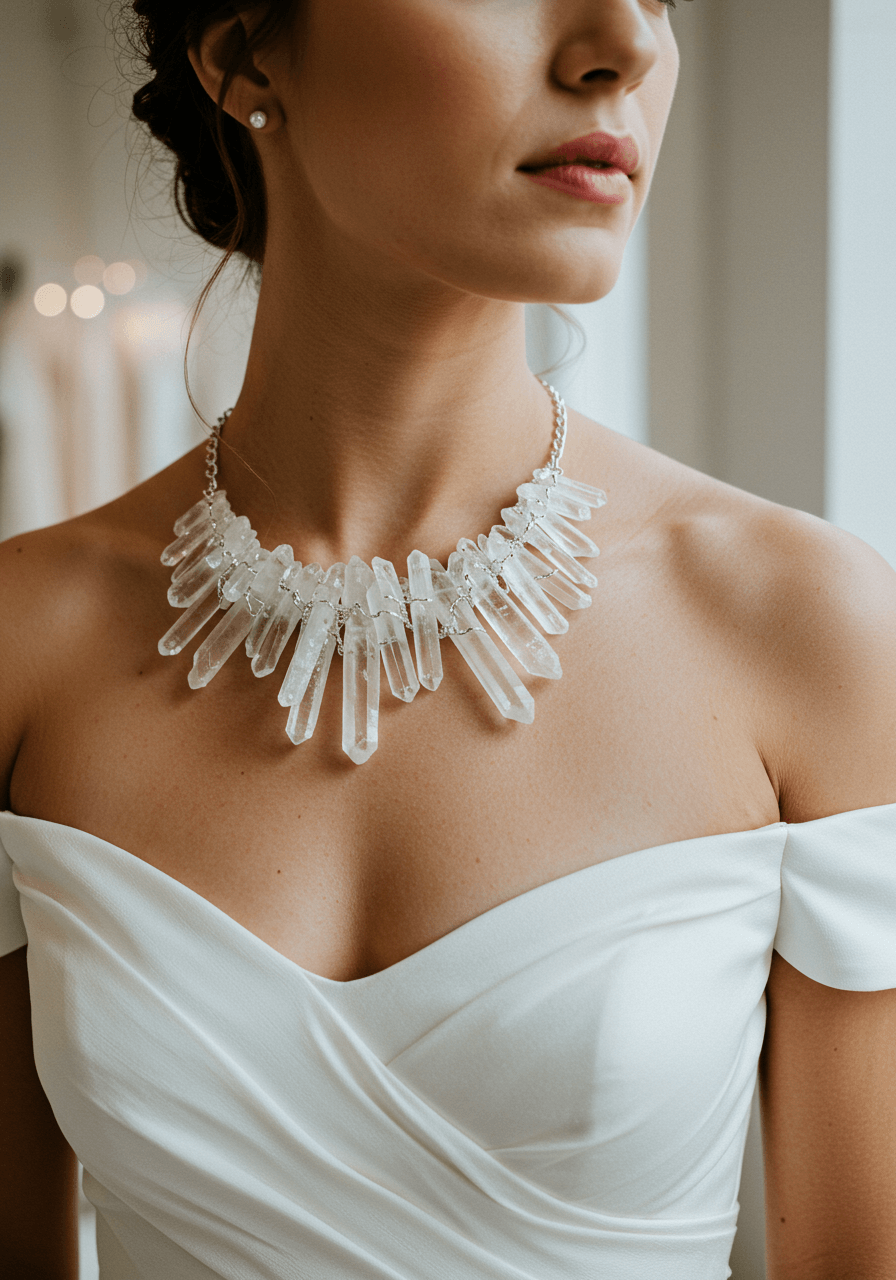 Contemporary bride showcasing raw quartz collar necklace with jagged crystal formations against ivory silk