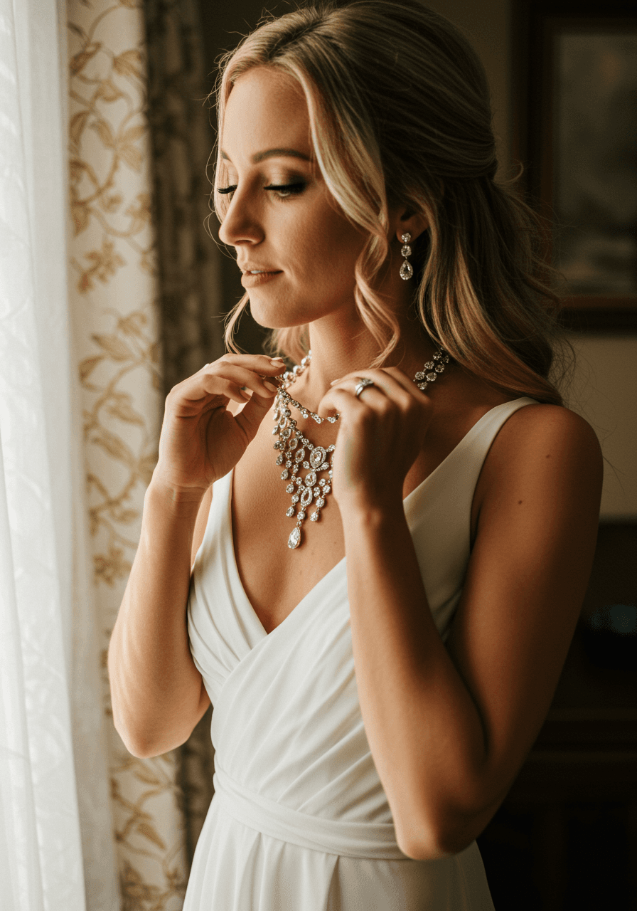 Bride adjusting intricate crystal backdrop necklace in sunlit bridal suite during golden hour