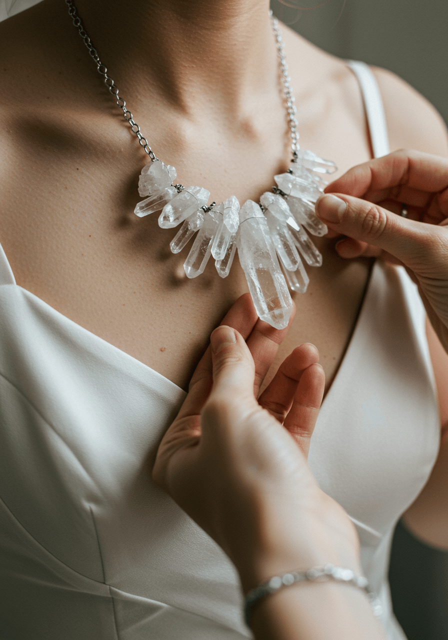 Close-up of hands adjusting raw quartz crystal cluster necklace showing prismatic light refractions